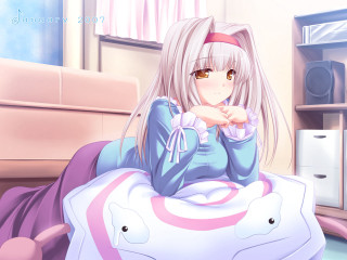 Girl sitting bed hands chest - blanket free wallpaper