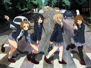Girls walking crosswalk school uniform - a car in the background free wallpaper