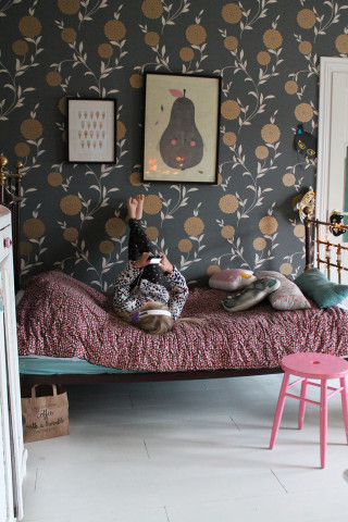 Child bed bedroom maximalism storybook - pink free wallpaper
