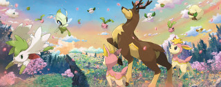 Pokemon group lush green field - flower and butterflies free wallpaper