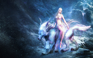 Woman white horse water wolf - epic fantasy free wallpaper
