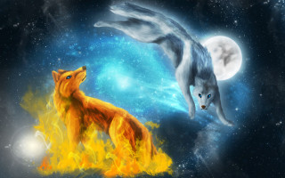 Wolf fox sky fullmoon fireball - fantasy artwork free wallpaper