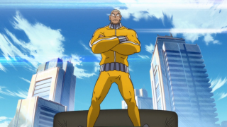 Man yellow suit skateboard cityscape - de stijl free wallpaper