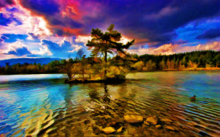Lake tree cloudy sky painting - a painting of a lake free wallpaper