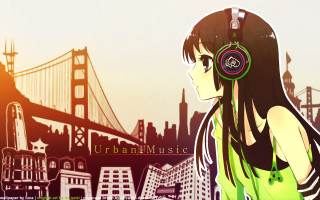 Girl headphones city skyline bridge - headphone free wallpaper