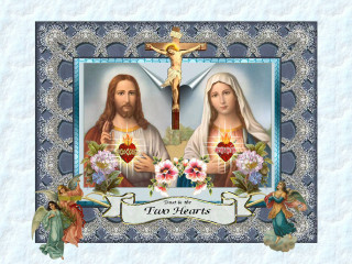 Jesus mary heart flowers cross - symmetrical facial feature free wallpaper