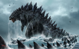 Godzilla sharks ocean boat water - free anime wallpaper for desktop