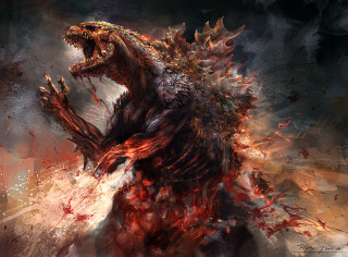 Godzilla open mouth blood splattered - face and body free wallpaper