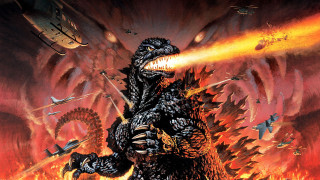 Godzilla attacking plane fire filled - official art free wallpaper for desktop