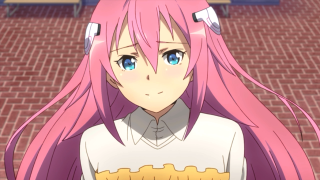 Girl pink hair blue eyes 2 - a brick wall behind her free wallpaper