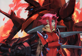 Woman red outfit giant robot - a red outfit free wallpaper