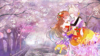Anime couple hugging woods flowers - a couple of anime characters free wallpaper