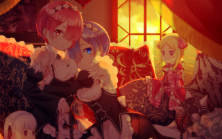 Anime girls couch window red - a couch together free wallpaper