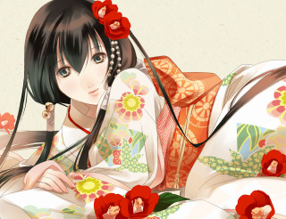 Woman kimono bed flowers hair - a woman in a kimono free wallpaper
