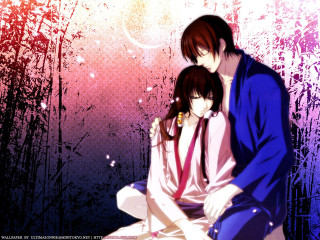 Anime couple bench colorful background - a bench in front free wallpaper