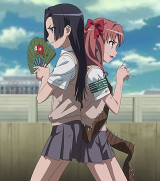 Anime characters walking fan building - a blue sky free wallpaper for tablet