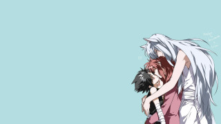 Anime couple hugging blue sky - a blue background behind them free wallpaper