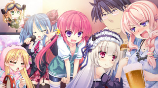 Anime girls beer cellphone blush - each other holding free wallpaper