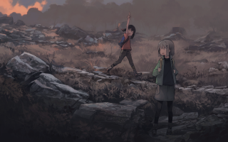 Couple people rocky hillside forest - atey ghailan free wallpaper