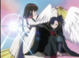 Anime characters sitting bed wings - one holding free wallpaper