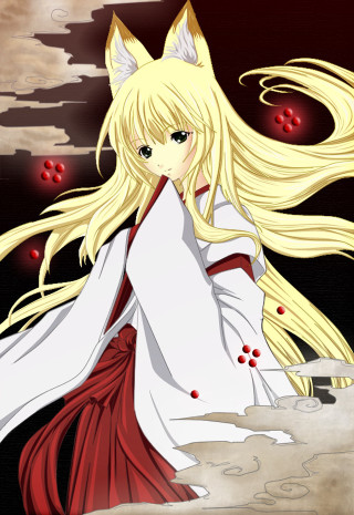 Anime girl blonde hakama fox - visual free wallpaper for mobile