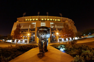 Tiger statue stadium night lights - wide angle len free wallpaper