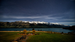 Night lake mountains stars trees - night sky free wallpaper