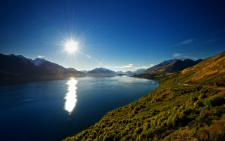 Mountain lake sunshine reflection beach - mountain and grass free wallpaper for desktop