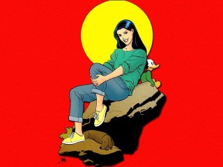 Woman dog cat rock sitting - her lap and a cat free wallpaper