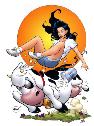 Cartoon woman riding cow with - a cow free wallpaper