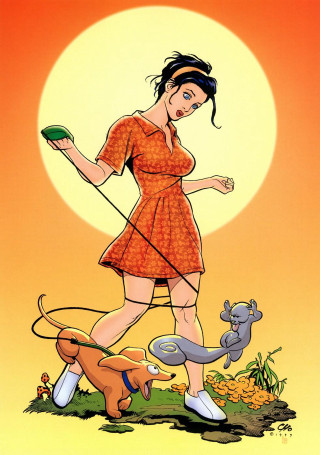 Woman dress walking dog leash - a dog free wallpaper for mobile