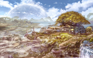 House island waterfall background painting - a painting of a house free wallpaper for desktop