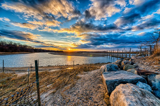 Sunset lake dock fence cloudy - a wooden dock free wallpaper for desktop