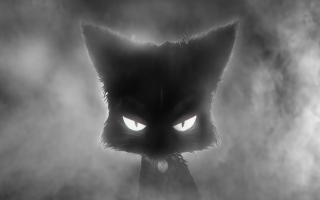 Black cat glowing eyes fog - a white spot free wallpaper