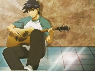Man sitting floor guitar wall - a floor free wallpaper