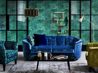Livingroom bluecouch greenwallpaper coffeetable lamp - wall behind free wallpaper