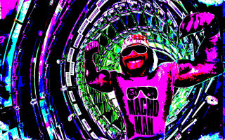 Man pink shirt cityscape neon - his hands out free wallpaper