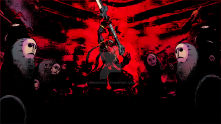Red background people sword demon - a group of people holding free wallpaper