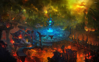 Fountain fire flames cityscape painting - a fountain free wallpaper for desktop