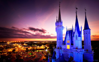 Castle sunset city lights cloudy - fantasy magic free wallpaper