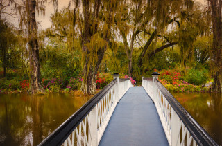 Bridge water trees flowers background - impressionism free wallpaper for desktop