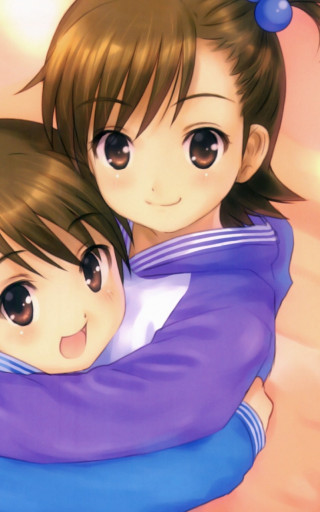 Anime girls hugging beach pink - a beach free wallpaper for mobile