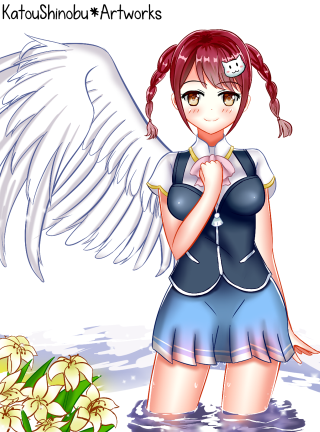 Girl angel wings water flowers - anime art style free wallpaper for mobile
