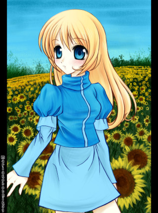 Girl blue dress sunflowers hands - synthetism free wallpaper for mobile