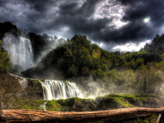 Waterfall fallen tree moonlit night - fallen free wallpaper for desktop
