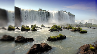 Waterfall rocks trees people standing - a bunch of rocks free wallpaper