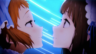 Cartoon two people facing blue - a cartoon style scene free wallpaper