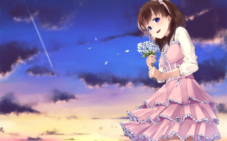 Girl dress flower sky clouds - a girl in a dress holding free wallpaper