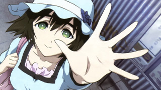 Woman hat hand up face - her right hand free wallpaper