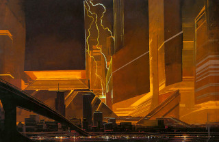 City night person walking neon - syd mead. free wallpaper